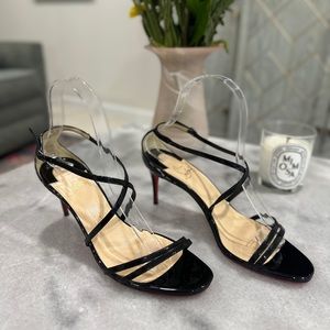 Christian Louboutin "Gwinee" Patent Crisscross Red Sole Sandal, Black SZ 37.5
